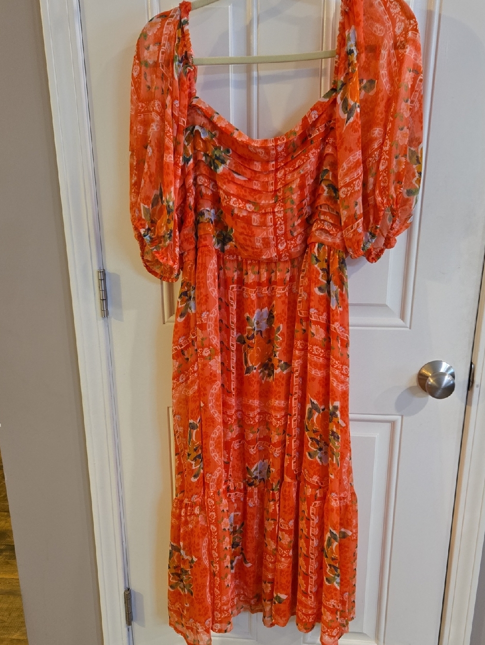 LC Lauren Conrad Orange Floral Puff-Sleeve Midi Dress